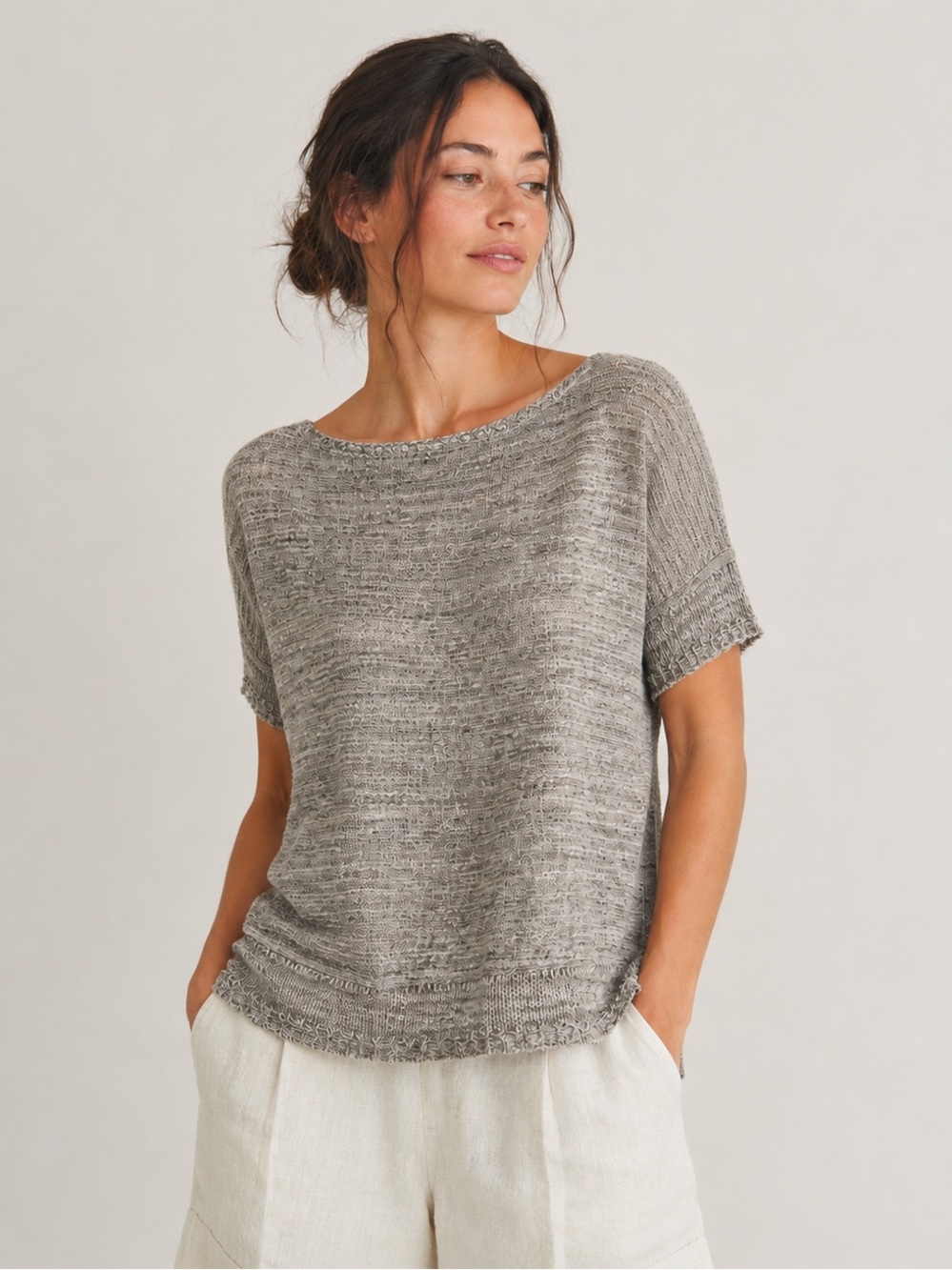 J‎ Jill Women's 100% Linen Open Knit Short Sleeve Size Large Marled Neutral